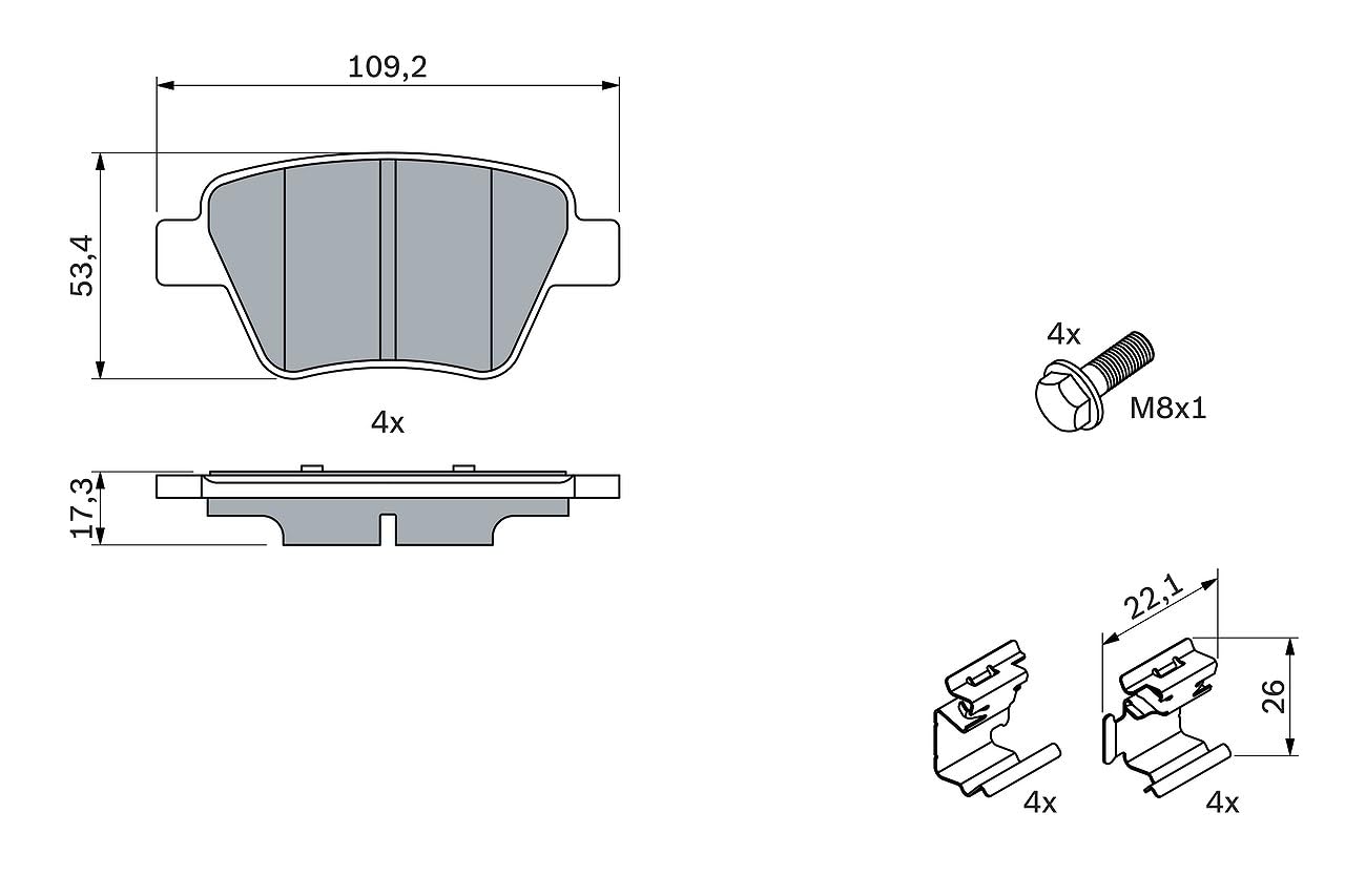 Bosch BP1338 - Plaquettes de Frein Arrière pour Voiture - Qualité Bosch - Réduction du Bruit et de la Poussière - Certifié ECE-R90 - Sans Cuivre - Jeu de 4 Plaquettes - Avec Accessoires
