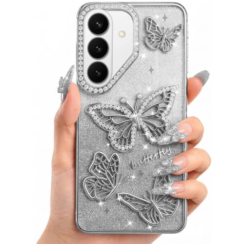 Image of Elzzi Electroplated Butterfly Phone Cover for Samsung S26 Case, Showcasing Pearlescent Diamond Soft TPU, Camera Protection, Shockproof, Dropresistant Stylish for Girls & Women (Grey)