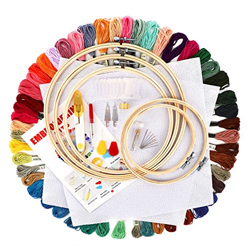 Cross Stitch Kit Embroidery Thread - Full Range 5 Piece Bamboo Hoops,2 Piece Aida Cloth,50 Color Floss Set Pen Punch Needle Point DIY Sewing Tools for Beginner Women Craft Knitting Crochet Starter