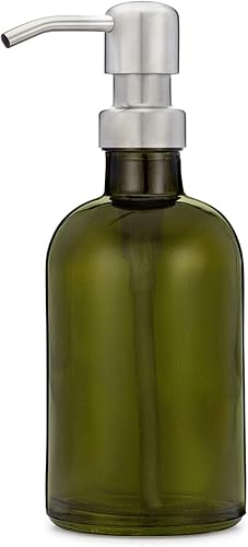Rail19 Dispensador de jabón y loción de vidrio verde bosque con bomba de metal, 8 onzas (acero inoxidable de granja)