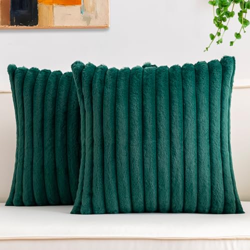 Aegero Pack of 2 Faux Fur Fall Throw Pillow Covers 18x18 Inch, Soft Plush Striped Neutral Couch Pillow Cover, with Velvet Back Modern Home Decor for Sofa Living Room Couch Bed Blackish Green