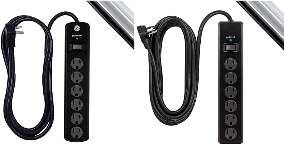 GE 6-Outlet Surge Protector, 8 Ft Extension Cord, Power Strip, 1300 Joules, Flat Plug & 6-Outlet Surge Protector, 20 Ft Extension Cord, Power Strip, 800 Joules, Flat Plug