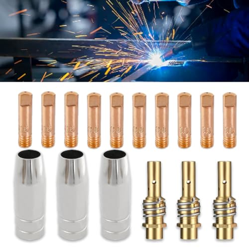 Zamety 16 Pièces MIG Soudeur Consommable, Torch Accessoire, MB15 15AK Pointe de contact, 3 Connecteurs | 3 Buses| 10 Supports de Pointe-3×0.6mm, 4×0.8 mm, 3×1.0mm