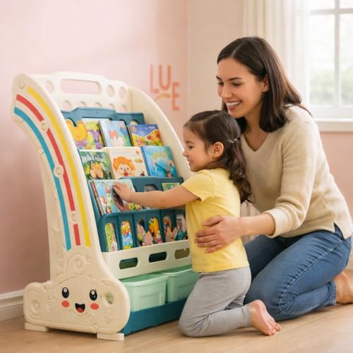 Image of 2 in 1 book shelf Cabinet for kids with toy organizers storage box for Home front facing display Storage bookshelf Rack for kid , 4‑Tier book shelves for kids with Storage Bin for Playroom Montessori