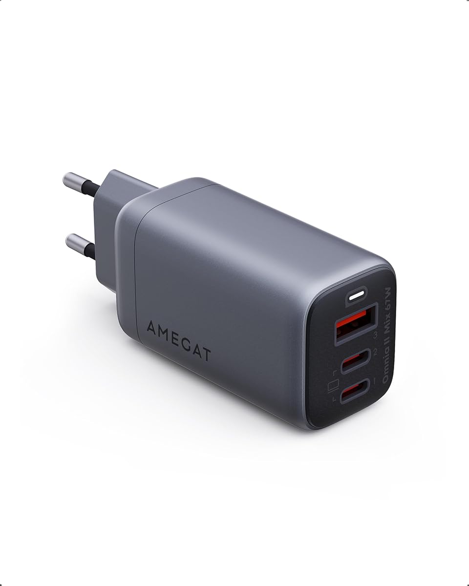 AMEGAT Caricatore USB C da 67W Omnia II USB C alimentatore di rete 3 porte GaN PD Charger PPS compatibile con laptop, tablet, telefono cellulare e altro ancora