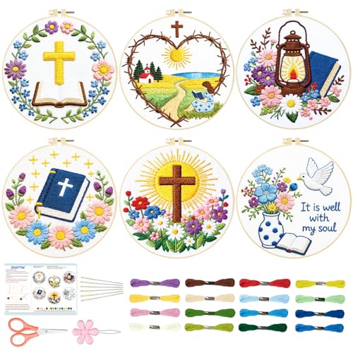Image of BEUNITONE 6PCS Bible Cross Pattern Embroidery Starter Kit, Hand Embroidery Kits for Adults Beginners Include Hoop Needles Threads and Instruction, Funny Needlepoint Craft Kits for Gifts and Home Decor
