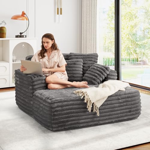Image of JEEOHEY 56 inch Oversized Chaise Lounge Chair Indoor,Plush Faux Fur Sleeper Sofa Couch Bed with Pillows&Wide Armrests,Fluffy Comfy Cloud Couch,Compression Foam Couch for Living Room,Bedroom(Grey)