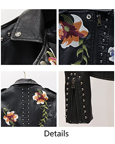 Women's Embroidered Studded Faux Leather Jacket Moto Punk Jacket Floral Coat (M, Xhpy Black) #TOP4