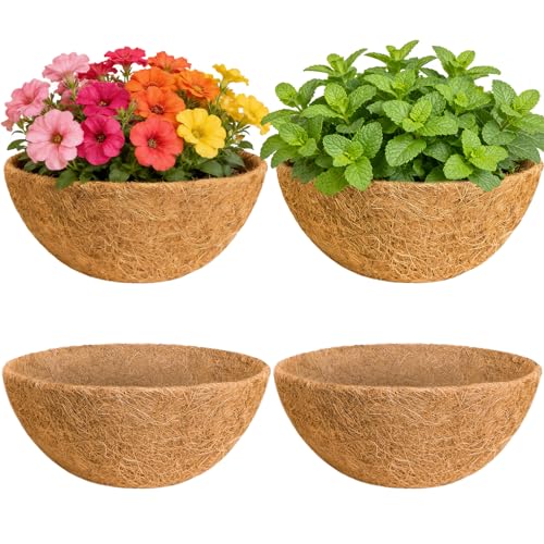 Hoscabss 4 Pack 14 Inch Coco Liners for Hanging Baskets, 100% Natural Round Coir Coconut Liners for Planters, Coconut Fiber Replacement for Outdoor Garden Plants Flower
