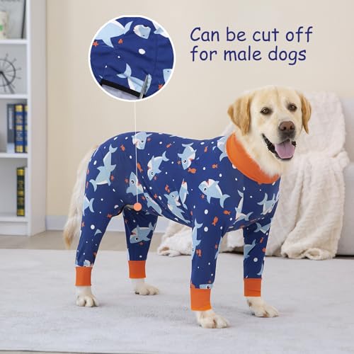 Yeapeeto Einteiler für Hunde, zur Erholung, für große und mittelgroße Hunde, Schlafanzug, Ganzkörper für Haarausfall, Allergien, Anti-Lecken, Wundschutz, Kegel-Alternative(4XL, Blau-Hai)