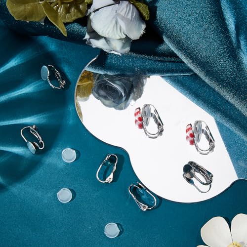 SOFPLATE 1 Box 20Pcs Clip-on Earring Converter Silver Clip on Earrings Converter Brass Round Flat Back Tray Earring Clips with Plastic Pads Non Pierced Earring Findings for jewellery Making Supplies D - Image 4