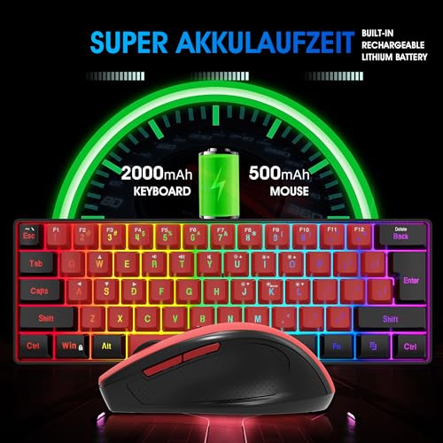 Image of Snpurdiri 2.4G Wireless Gaming Keyboard and Mouse Combo, 60 Percent Wireless Keyboard and Ergonomic Vertical Feel Small Mouse (Black and Red)