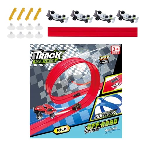 YNPQTDS Circuito de carreras flexible para niños, incluye 4 coches PP 390 x 8 x 1 cm, pista de carreras flexible para niños de 3 a 8 años, niños y niñas, interior y exterior