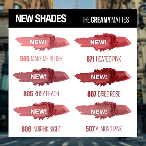 Image of Maybelline New York Matte Lipstick, Intense Colour, Moisturised Lips, Color Sensational Creamy Matte, 806 Indipink Night, 3.9g