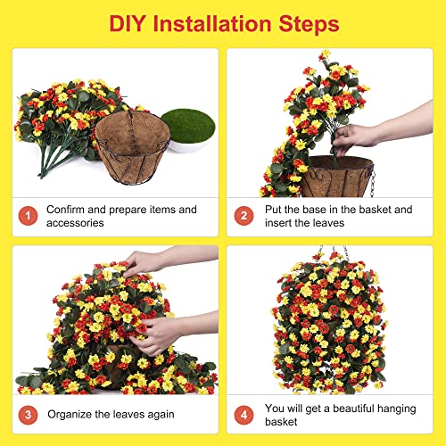 Ammyoo Artificial Flowers In Hanging Basket For Outdoors Indoors Decor, Artificial Mums Bush Flowers Plants With Baskets For Home Porch Garden Yard Patio Decoration (Orange Yellow) #TOP5