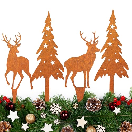 Hendpock 4 Stück Gartenstecker Weihnachten, Rost Deko Weihnachten,...