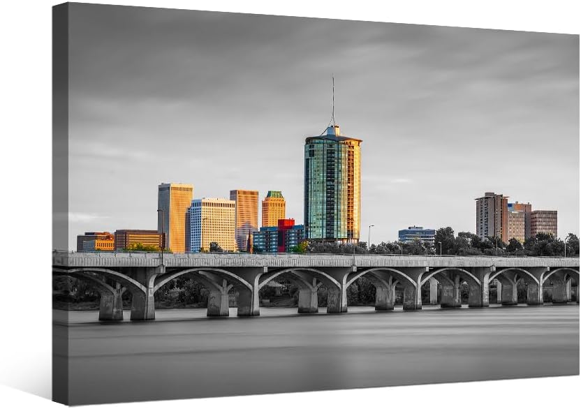 Tulsa Oklahoma Skyline - Póster de pared en blanco y negro con diseño de paisaje urbano de noche en el centro de la ciudad, impresiones en lienzo, 1