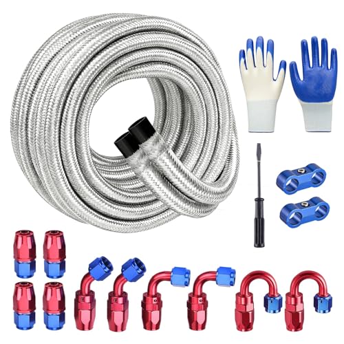 EVIL ENERGY 6AN Fuel Line Kit 20FT 6AN Hose Stainless Steel Braided Fuel Line Fitting Kit with Installation Tools CPE Silver