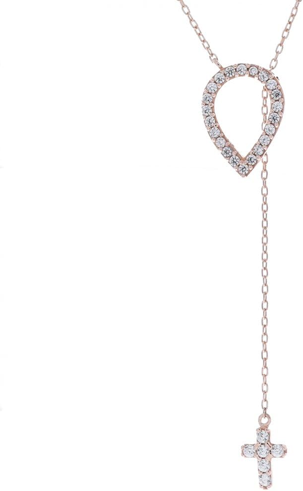 Pink Gold Plated Sterling Silver Lael Pink Cross Necklace with Cubic Zirconia