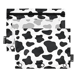 Black White Cow Binder Pencil Pouch for 3 Ring Pencil Pouch with Zipper Clear Window Pencil Case Pencil Pouches Bags for Office Supplies Daily, 2 Pack