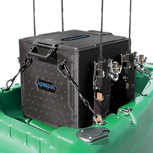 Apaspoil Kayak Fishing Crate with 4 Rod Holders | 13x13 Kayak Tackle Storage Box & Gear Organizer | Durable Compact Kayak Crate Storage for Most Fishing Kayaks