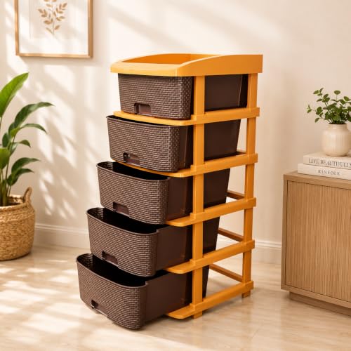 Image of Jefa Plastic Modular Drawer Storage Organizer | Multipurpose Storage Chest with Anti-Slip Design | Large Capacity Drawer Rack for Clothes, Shoes, Office & Home Use (Brown, 5)