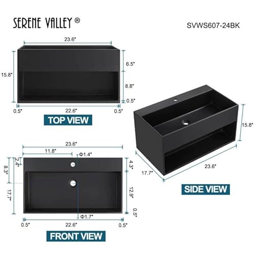 Serene Valley Bathroom Floating Vanity, 24" Wall-Mount Sink With Built-In Towel Space, Solid Surface Material In Matte Black, Svws607-24Bk #TOP1