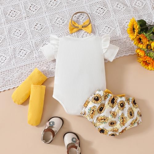 Baby Girl Summer Outfit Short Sleeve Sunflower Embroidery Romper+Shorts+Headband+Socks Infant Clothes Set4