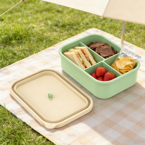 RdjEokf Silicone Food Container, 4 Compartment Lunch Box with Lid, Leftover Meal Box, Leak-Proof Lunch Container, Snack Box for Work Travel Meal Prep (Green)