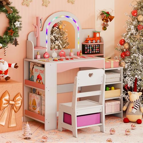 Image of Costzon Kids Vanity, Girls Vanity Set with Lighted Mirror, Bookshelf, Jewelry Storage, Toddler Makeup Vanity Desk Dressing Table, Wooden Kids Vanity Table and Chair Set (White)