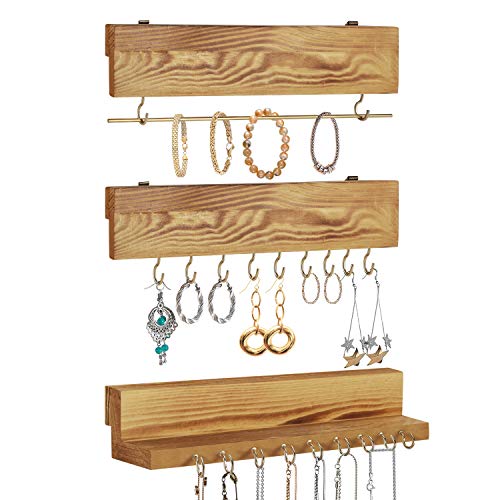Flexzion Jewelry Organizer Wall Mounted Set of 3 Tiers, Rustic Wood Shelf Jewelry Hanging Rod Holders with Removable Metal Bar and 18 Brass Gold Hooks Holder for Ring Necklace Earring Bracelet Closet