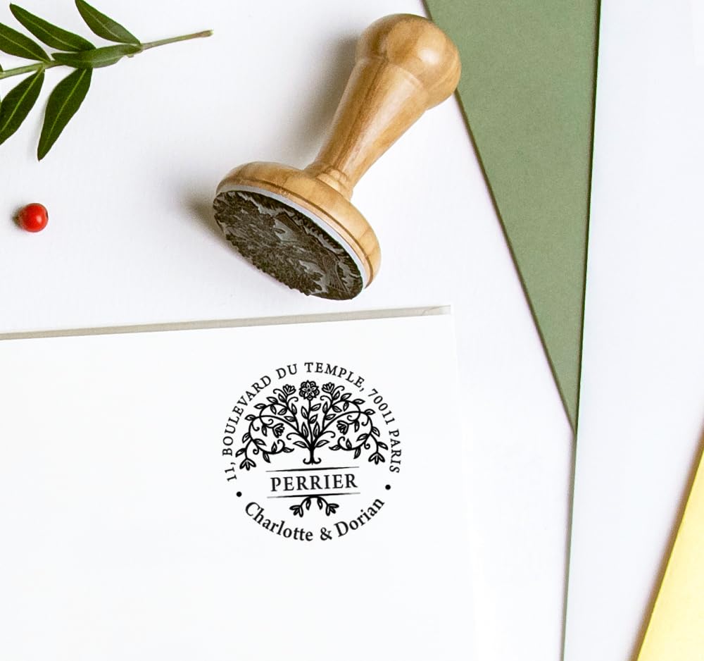 Albero della Vita Famiglia Timbro Indirizzo di Casa Personalizzabile, Fiore Ramo di Albero, Fatto a Mano Regali Originali in Scatola Speciale