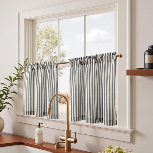 TOPICK Rideaux Cuisine Court Brise Bise pour Placard Chambre à Rayures Noir sur Beige 65L x 60H cm 2 Panneaux, Rideau Placard à Passe Tringle Semi...