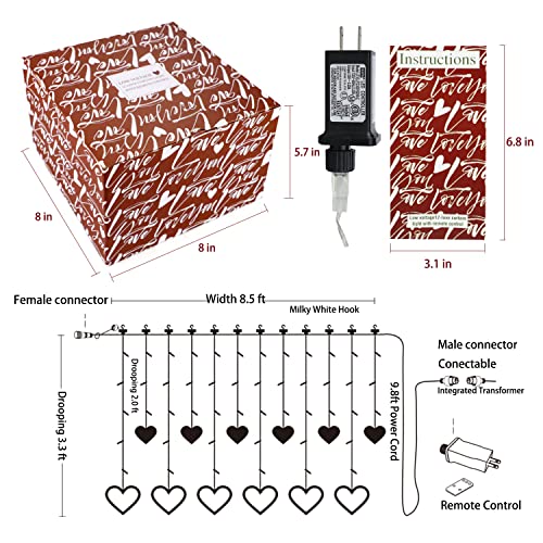 Curtain Lights, 138 Led 12 Love Heart Remote Window Curtain String Lights Plug In With 8 Flashing Modes Decoration For Valentine's Day, Wedding, Bedroom, Party, Birthday, 7.3Ft W, 3.3Ft H, Warm White #TOP3