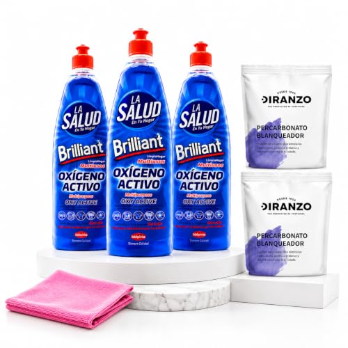 FAMILYCOM. Pack 2 Percarbonato Blanqueador Diranzo 750 gr + 3 Oxigeno Activo La Salud 1000 ml + 1 Paño Microfibra. Quitamanchas, Blanqueante y Elimina Olores y Grasa.