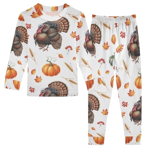 Pajama Sets Long Sleeve Autumn Turkey with Leaves Pumpkins Soft Comfy Sleepwear 2 Piece PJS 3-8T