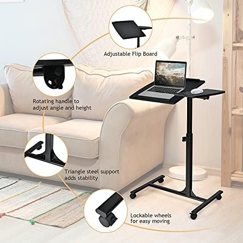 CASART Mobile Laptop Table, Height Adjustable Computer Desk with Rolling Casters & Tilting Desktop, Laptop Cart Stand Sofa Overbed Table for Living Room, Bedroom and Office (Black)