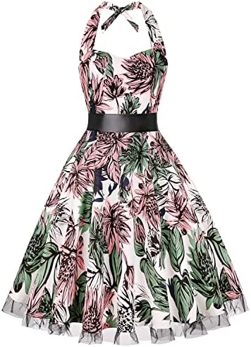 oten Women's Vintage Polka Dot Halter Dress 1950s Floral Spring Retro Rockabilly Cocktail Swing Tea Dresses