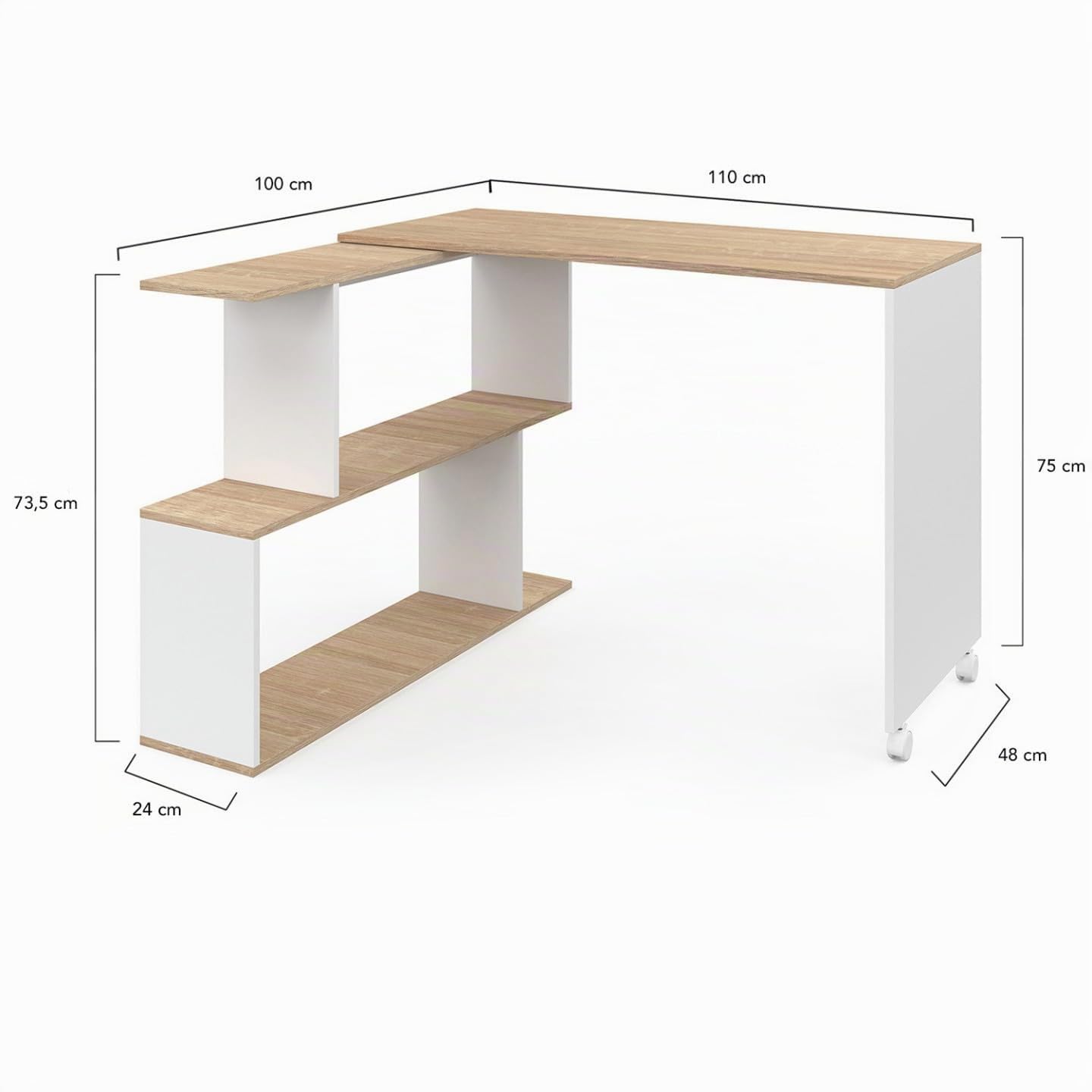 IDMarket – Escritorio esquinero giratorio 180° Joy estante forma S madera forma haya y blanco