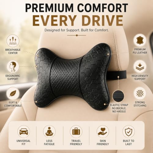 Image of Adroitz Car Neck Rest Pillow Set of 2 | Ergonomic Headrest Cushion for Car Seat | Neck & Cervical Support for Pain Relief | Breathable Washable Cover | Universal Fit for Driving & Travel