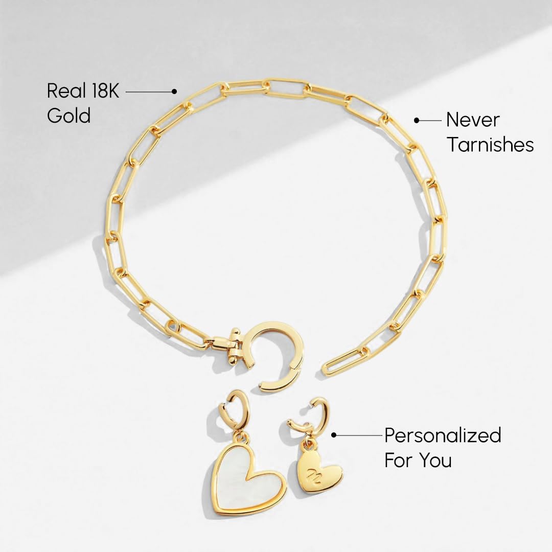 Mint & Lily Mother Of Pearl Initial Heart Charm Bracelet for Women, Fade, Rust, and Tarnish Free Jewelry, Gift for Women