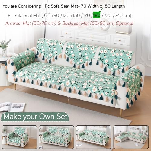 Image of HOKIPO Sofa Cover Mat with Tassel for 1 /2 /3 Seater & L Shape Sofa | DIY Sofa Cover Set | Digital Printed Holland Velvet | 'Whispers of Nature' | 70(W) x 180(L) cm | Sage Floral Vine (IN-1122-D8)