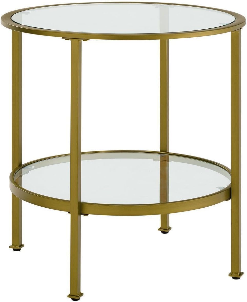 HomeStock Island Oasis Round End Table, Tempered Glass, Portable, Leg Base - 24" D x 24" W x 24.13" H, Tiered Shelving Storage, Mid-Century Modern Design, Versatile End Table, Living Room Tables Gold