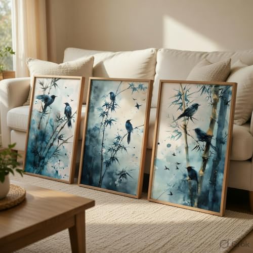 Image of Artify Bird Bamboo Wall Painting Set of 3 with Wooden Frames | Modern Nature Bird Artwork HD Sparkle Laminated MDF Wall Decor | Elegant Bamboo Bird Wall Art for Living Room