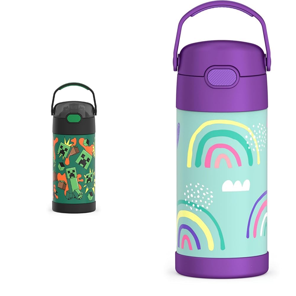 THERMOS FUNTAINER 12 Ounce Minecraft and Rainbows Kids Insulated Water Bottles with Straw and Lid