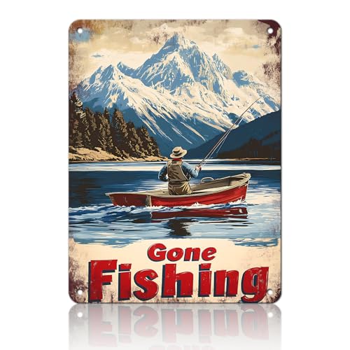 FvFvcxnm Fishing Vintage Tin Sig Gone Fishing Metal Sign Retro Sign for Home Bar Office Outdoor Wall Decor 8X12inch