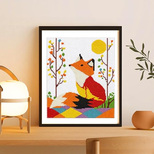 Image of Zhenqing Geometric Red Fox Stamped Cross Stitch Kit for Adults Beginners, 11CT Printed Cross Stitch on White Cotton Fabric, Woodland Animal DIY Needlework Home Decor (66158)