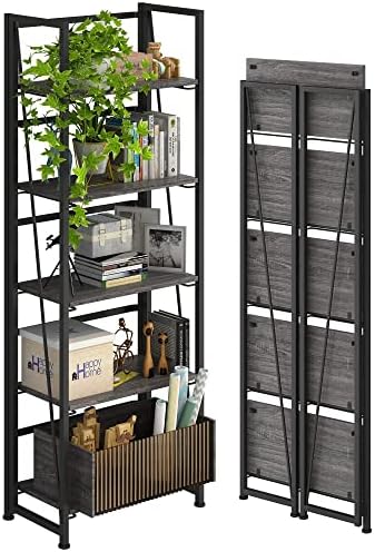 4NM No-Assembly Folding Bookshelf Storage Shelves 5 Tiers Vintage Bookcase Standing Racks Study Organizer Home Office (Gray and Black)
