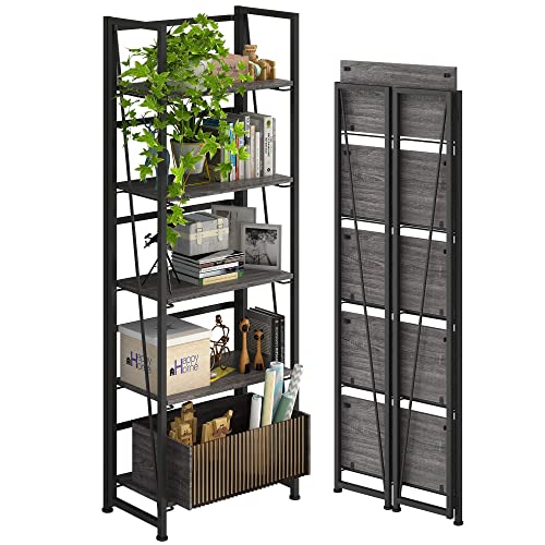 4Nm No-Assembly Folding Bookshelf Storage Shelves 5 Tiers Vintage Bookcase Standing Racks Study Organizer Home Office (Gray And Black) #TOP8