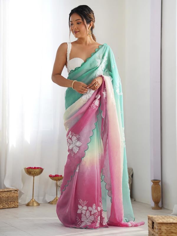 Image of Women's Orange-Yellow Ombre Saree with Floral Embroidery | Lightweight & Festive Saree | Elegant Ethnic Wear for Women